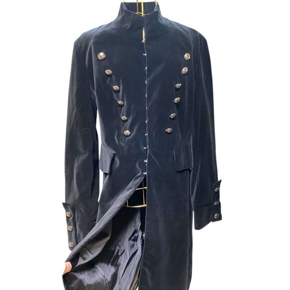 Brandon Thomas Sz 12 Black Velvet Long Coat Military Gothic Steampunk Victorian - Picture 8 of 16